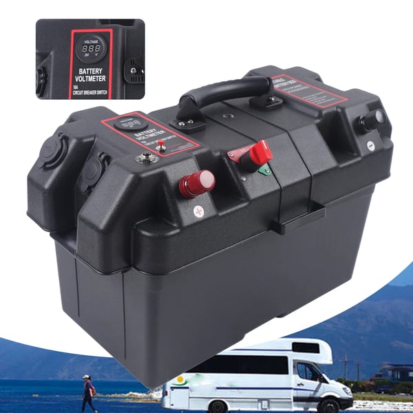 Batteriboks, Dobbelt USB-porte, 44 cm x 24,5 cm x 27 cm, 1,1 kg, Indbygget spændingsmåler, Egnet til små både