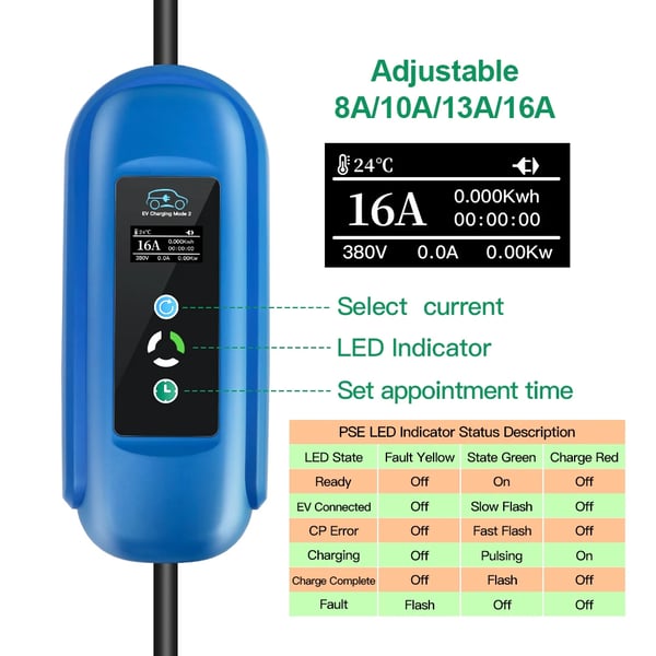 Mobil EV-lader, 11KW effekt, justerbar strøm,Beige, TYPE2
