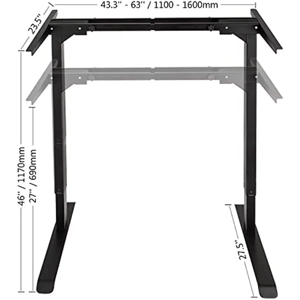 Stående Skrivebordsramme, Højdejusterbar 27"-46", Belastningskapacitet 264 lbs, Løftehastighed 32 mm/s, Passer til Bordplade Størrelse 45.2"-70.8"