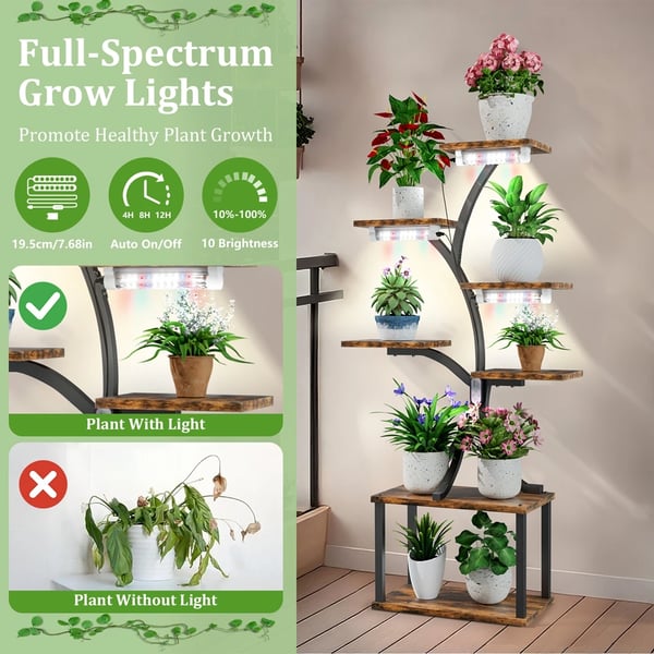 Planteholder, Multi-niveau Design, Integrerede LED Vækstlys,Brun