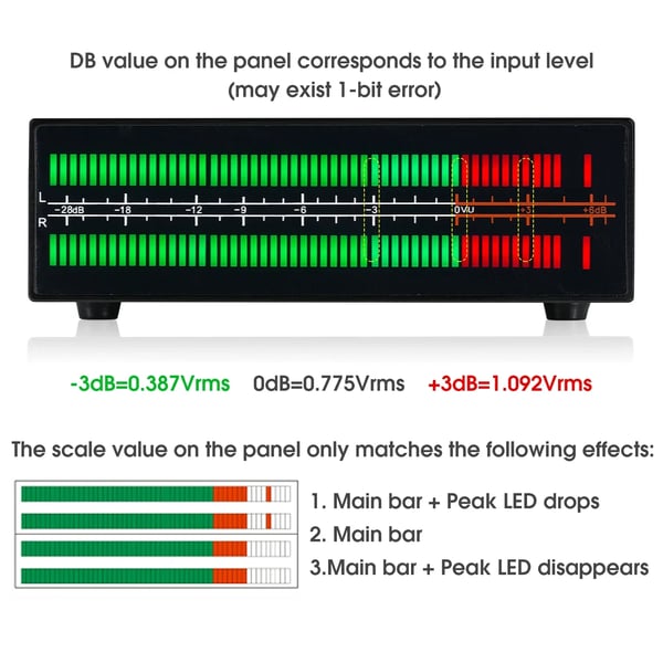 LED Lydniveau Meter, Audio Display Visualizer, Guldbelagte stik, Realtids musikniveau display, RCA og 3,5 mm kompatibilitet, Flere visningsmuligheder
