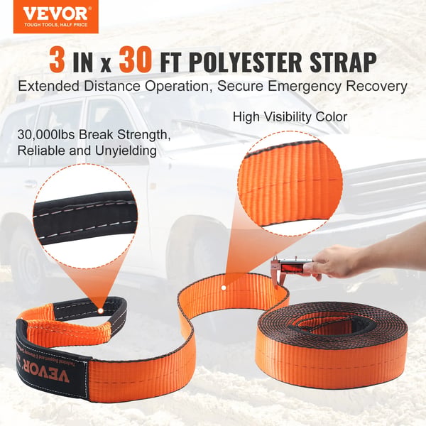 Off-Road Recovery Kit, 3 i x 30 ft Vinsjrem, 30.000 lbs Brudstyrke, 2 D-Ring Krogskruer,5 varer 17.86 lbs