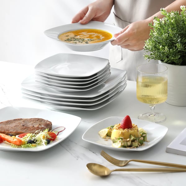 Keramisk Porcelæn Middagsservice, Service til 6, 9,5-tommer Middagsplade, 6,5-tommer Dessertplade, 8-tommer Suppeskål, FDA Godkendt