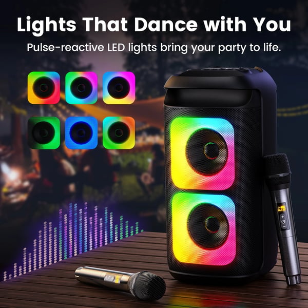 Karaoke Maskine, Dobbelt 8" Subwoofere, Bluetooth 5.3, Brugervenlige Kontroller, USB-A og TF Kort Support, Kompatibel med iOS og Android