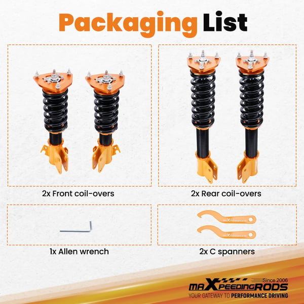 Coilover affjedringskit, justerbar højde 25-75mm, 24 niveauer af dæmpning, 9 kg/mm forfjederhastighed, pude kugle topmonteringer