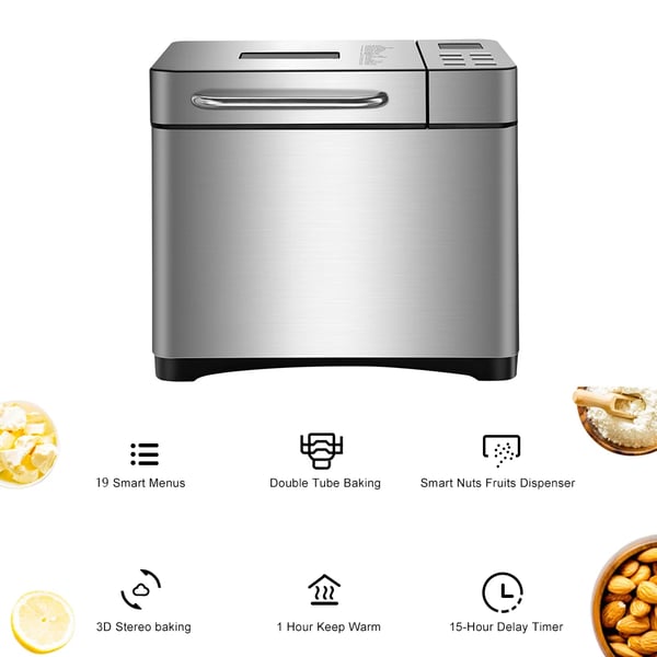Brødmaskine, 650W effekt, 1 kg kapacitet, rustfrit stål, 19 forprogrammerede funktioner, automatisk nødde dispenser