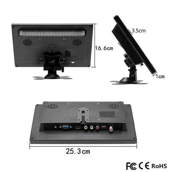 Bilmonitor, 10,1 tommer LCD, 1024 x 600 opløsning, 400 cd/m² lysstyrke, 500:1 kontrastforhold, HDMI og VGA kompatibel