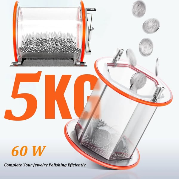 Smykke Poleringsmaskine, 5 kg Kapacitet, 60W Effekt, 5 Justerbare Hastighedsindstillinger, 10-60 Minutters Timer, Holdbar Metal- og Plastkonstruktion