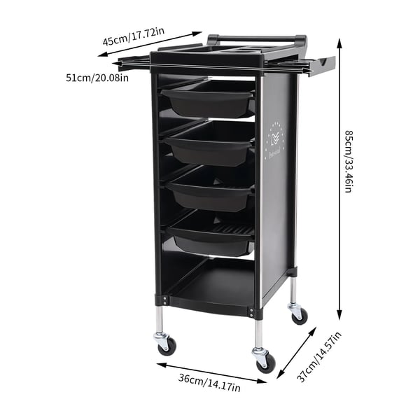 Salonvogn, 6-lags, 4 hjul, sort, PP og rustfrit stål, fritstående