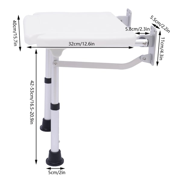 Brusebænk, vægmonteret, foldbar, skridsikre fødder,42-53cm