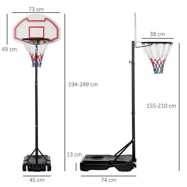 Basketballkurv, Justerbar Højde 194-249cm, Fyldbar Base, Egnet til Aldre 14+, Integrerede Hjul, Holdbar Konstruktion