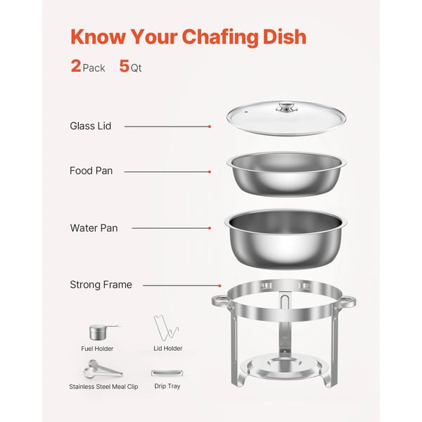 Chafing Dish, 5 Quart, inkluderer vandpande og foldestativ,2 pakker