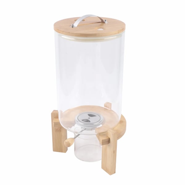 Risdispenser, 7,5 liters kapacitet, glas og bambusmateriale, dimensioner 20 cm diameter x 45 cm højde, tætsluttende og støvafvisende design
