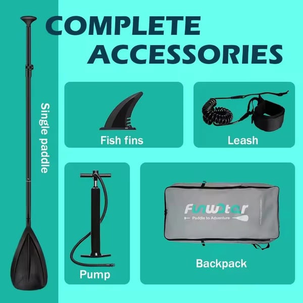 Stand-Up Paddleboard, PVC materiale, længde 10,5 fod, bredde 32 tommer, understøtter op til 330 lbs, skridsikker overflade