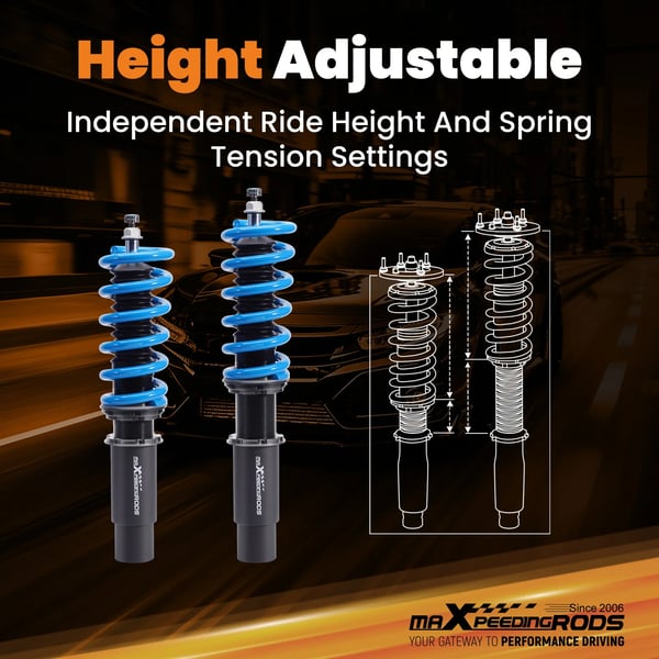Coilover affjedringskit, 55CrSi stål fjedre, højdejustering 1"-3", 24 klik rebound justering, høj viskositets dæmpningsolie