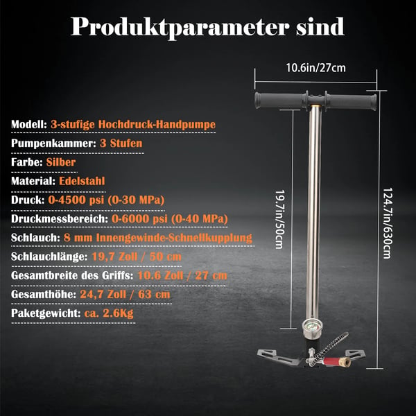 Højtryksluftpumpe, 4500 psi trykområde, 3-trins system, rustfrit stålmateriale, 19,7 tommer slangelængde, ergonomisk design