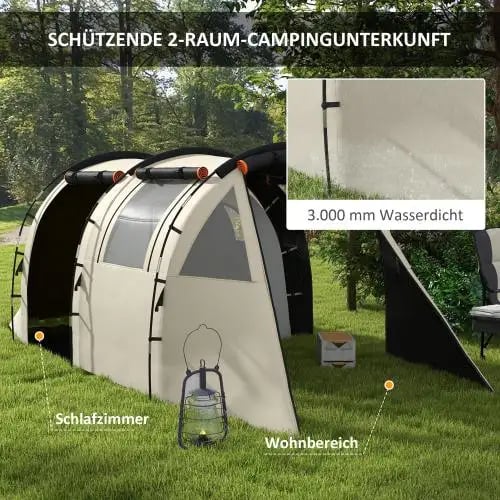 Tunnel Camping Telt, 5-Personers Kapacitet, Vandtæt 3000 mm, Dimensioner 460L x 230B x 180H cm, Foldet Størrelse 60L x 19B x 19H cm, 2 Sidevinduer