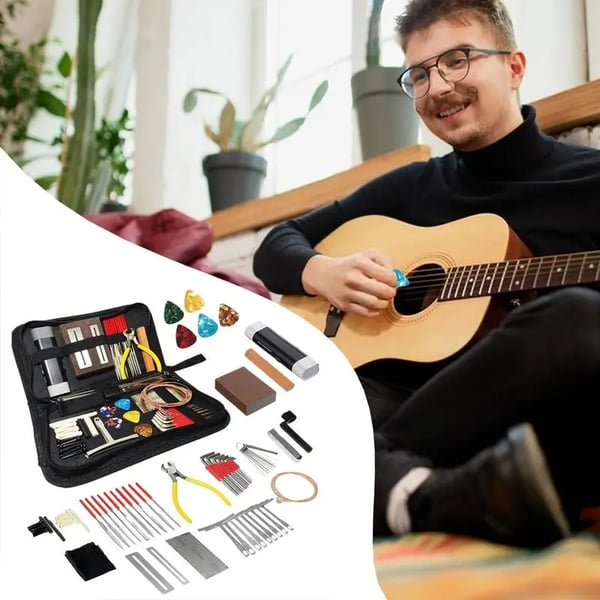 Guitarreparationssæt, 72-delt værktøjsæt, bærbar taske, strenge- og plektrumtilbehør