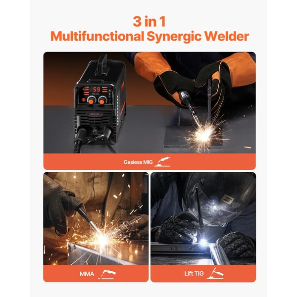 MIG-svejser, 130A udgang, understøtter 0,8 mm og 1,0 mm tråd, 3-i-1 funktionalitet, CE-certificeret, bærbart design