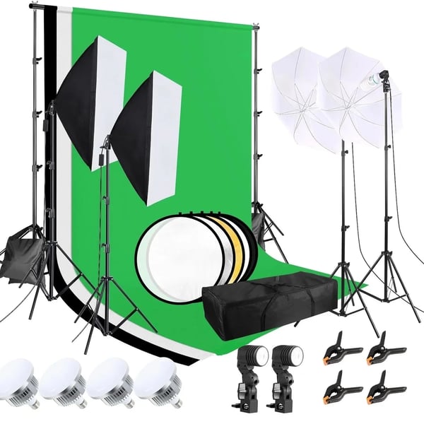 Fotografi Belysningskit, 3x2m Baggrundsstøttesystem, 85W LED-pærer, Højkvalitets Bomuldsbaggrunde, Softbokse Inkluderet