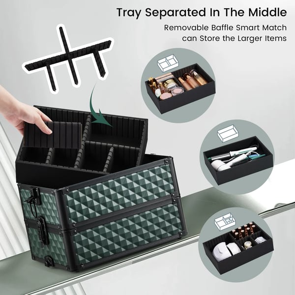 Makeup Train Case, Rullende Design, 4-i-1 Funktionalitet,Mørkegrøn