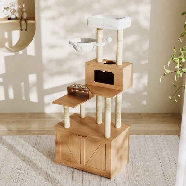 Kattårn, Vægmonteret Design, Multi-Niveau Struktur,Naturlig træfarve
