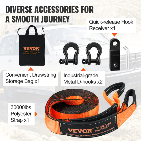 Off-Road Recovery Kit, 3 i x 30 ft Vinsjrem, 30.000 lbs Brudstyrke, 2 D-Ring Krogskruer,5 varer 17.86 lbs