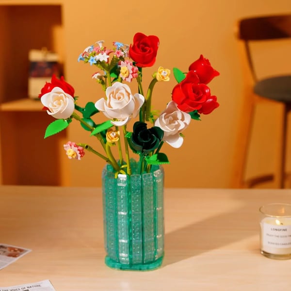 Bouquet Legetøjsbyggeklodser, Elegant Hjemmedekoration, Perfekt Gavevalg,Rose, Med Kasse
