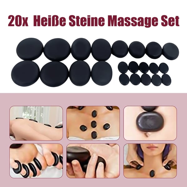 Hot Stone Massage Sæt, 20 Basalt Sten, Varmeboks Inkluderet,sort