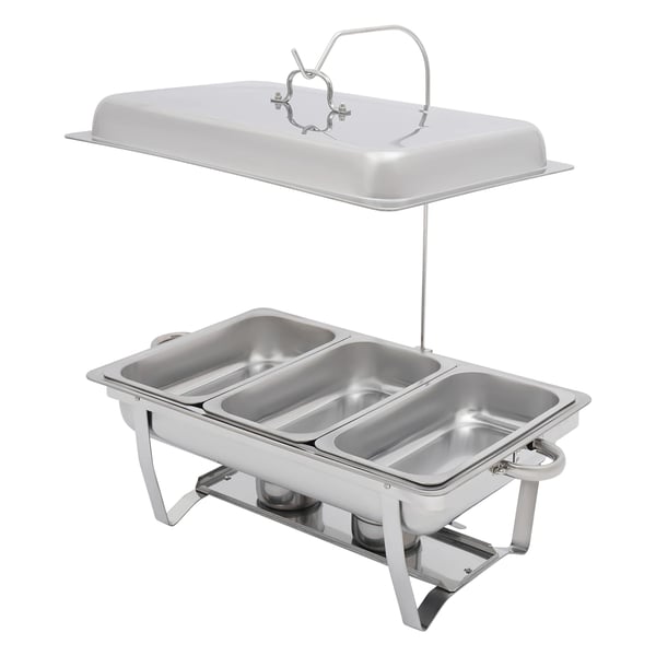 Chafing Dish, 410 rustfrit stål, 56 x 35,5 x 7,5 cm, 3 madpander, 3L kapacitet pr. pande, rektangulær form