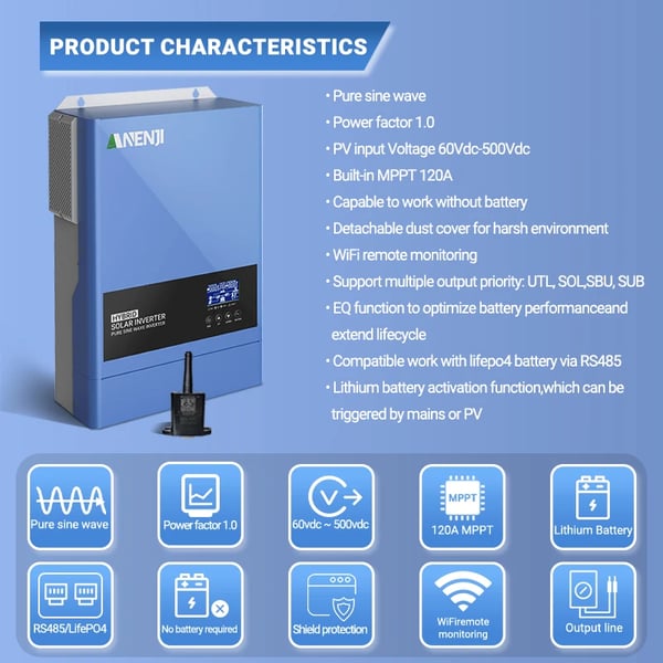 Sol inverter, ren sinuskurveudgang, fjernovervågningsmulighed,220-240V, ANJ-6200W-48V-WIFI, 48V