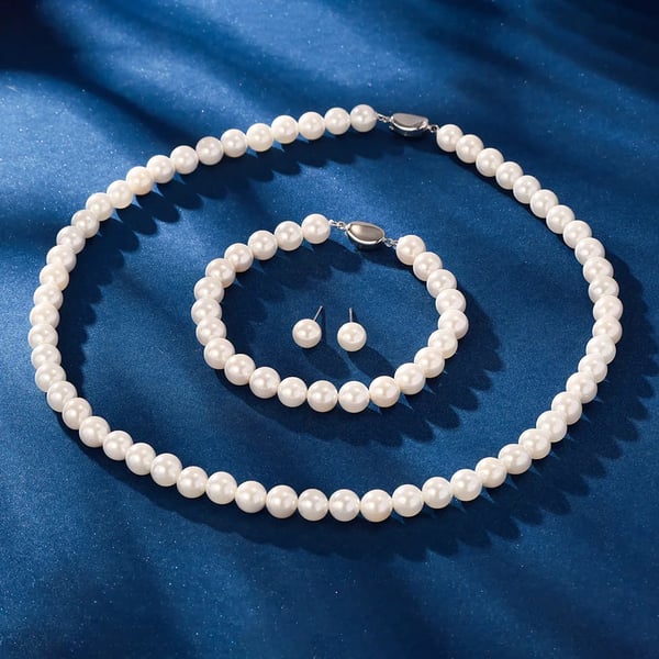 925 Sterling Perle Smykkesæt, Halskæde 50,8 cm, Armbånd 22,8 cm,lyserød, sølv