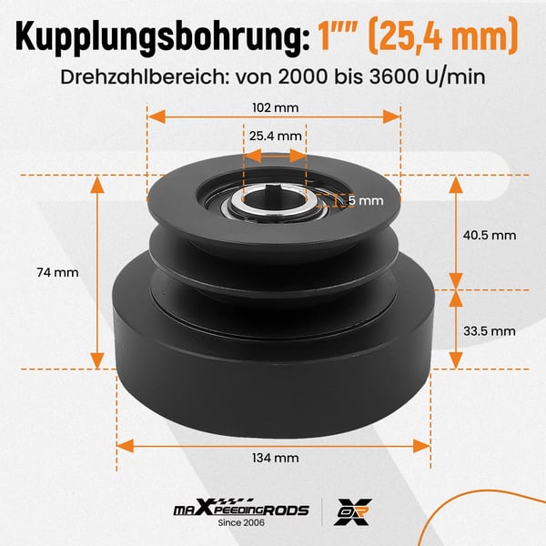 "Centrifugal Kobling, 1"" Bore, Passer til 8HK-16HK Motorer, 2000-3600 RPM Hastighedsområde, 15 cm Længde, 15 cm Bredde"