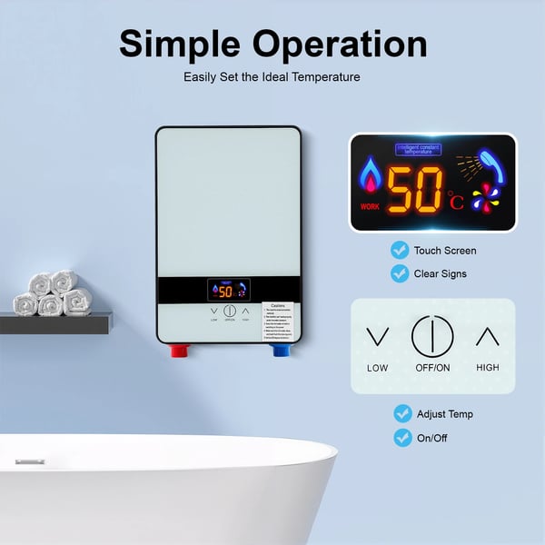 Elektrisk varmtvandsbeholder, øjeblikkelig opvarmning, kompakt design,HVID