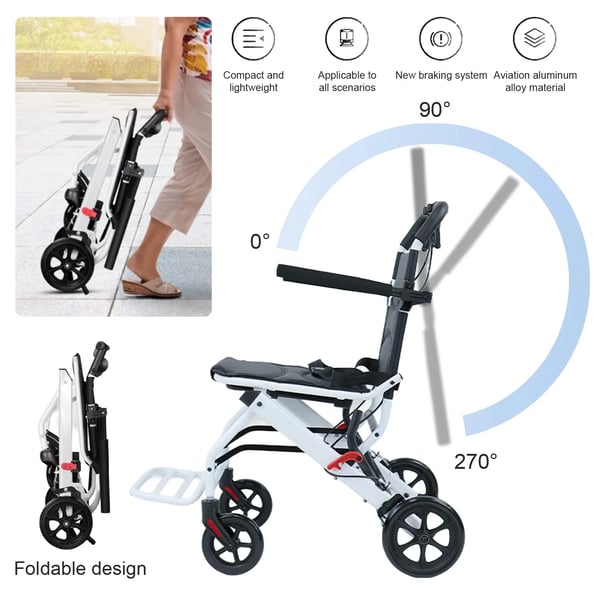 Fällbar rullstol, lättviktig, ergonomisk design, justerbart säkerhetsbälte,Vit