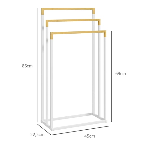 Stående Håndklædestativ, Bambus og Stål Konstruktion, 3 Etager Design, Dimensioner 45x22,5x86 cm, Ideel til Badeværelse eller Vaskerum