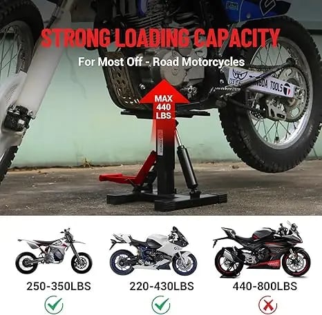 Hydraulisk motorcykel løftestativ, belastningskapacitet 440 lbs, justerbar højde 4,5 til 15,75 tommer, stål konstruktion, skridsikre gummipuder