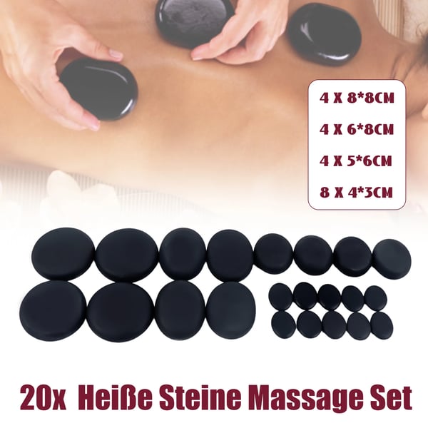 Hot Stone Massage Sæt, 20 Basaltsten, Alsidige Opvarmningsmetoder,Naturlig Sort