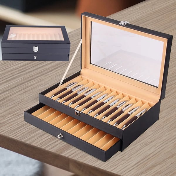 Pen Opbevaringsetui, PU Læder og Flannel, 30,5 cm Længde, 20 cm Bredde, 9,5 cm Højde, Plads til 24 Penne