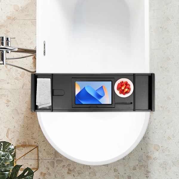 Badekar Opbevaringsbræt, Justerbar Længde, Elegant Bambusdesign,sort
