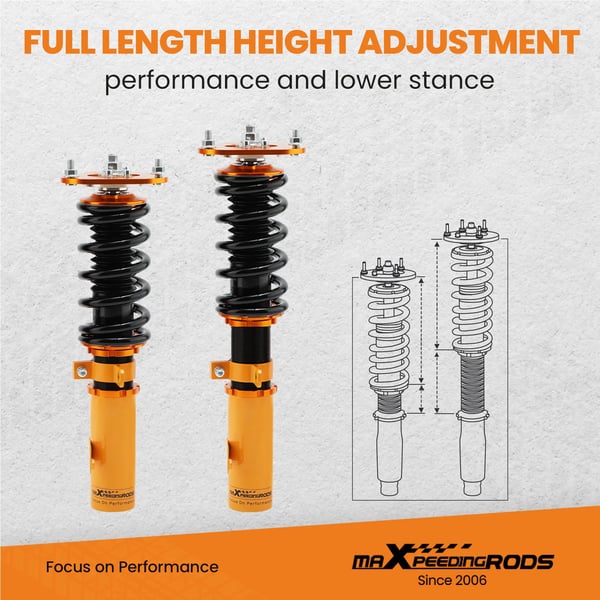 Coilover affjedringssystem, justerbar højde 1-3 tommer, forårs fjederhastighed 12 kg/mm, bagfjederhastighed 8 kg/mm, forårs fjederlængde 190mm