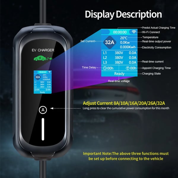 Mobil EV-laddare, 22KW Typ 2, Smart App-kontroll,svart, TYPE2