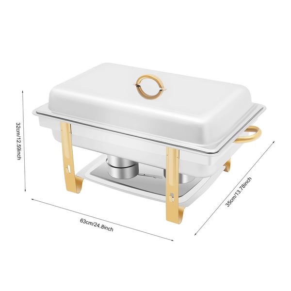 Chafing Dish, 9L kapacitet, rustfrit stål materiale, rektangulær form, samlet størrelse 63*35*32 cm, pladetykkelse 0,5 mm