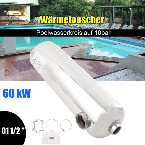 Varmeveksler, 60 kW, SS304 rustfrit stål, Dimensioner: 48,5 x 16 cm, Poolforbindelse: G1 1/2, Varmtvandsflow: 30 L/min