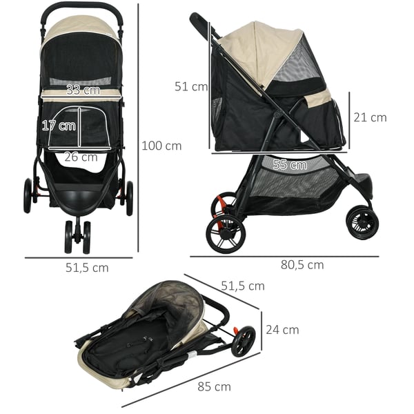 Hundevogn, Sammenklappelig Design, Aftagelig Vogn,Khaki, 80.5X51.5X100 cm