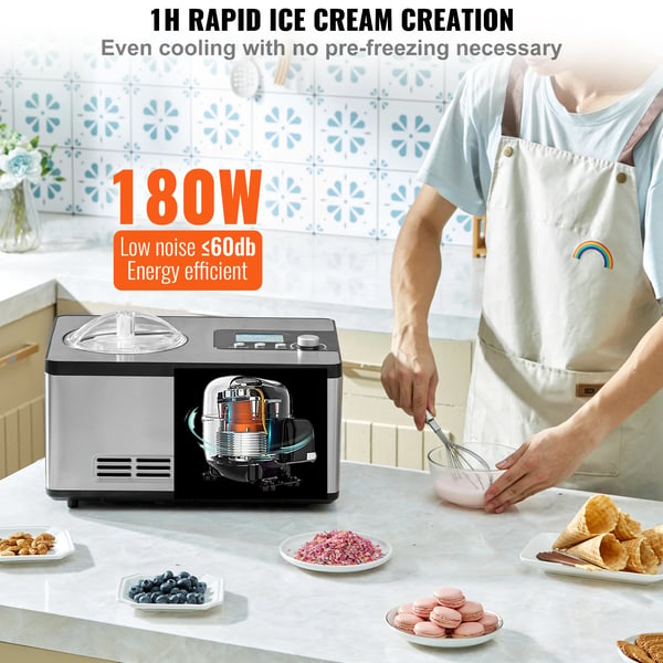 Ismaskine, 2 kvart kapacitet, 180 watt strøm, AC 120V, ≤ 60 dB(A) støj, CE-certificeret