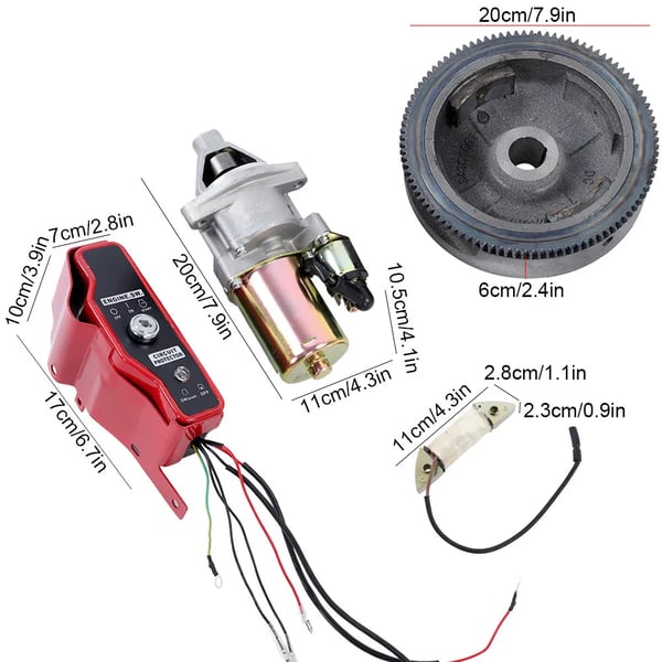 Elektrisk Start Kit, Kompatibel med GX340 11HK, GX390 13HK, Switch Box Dimensioner 17*5,5 cm, Svinghjul Diameter 20 cm, Brutto Vægt 8,65 kg
