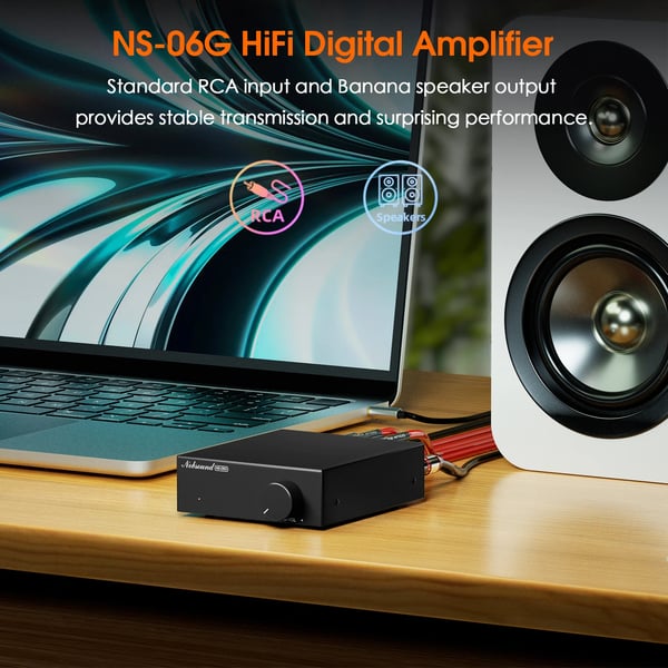 Digital forstærker, 60W pr. kanal, RCA-indgang, 2.0 kanaler, kompakt design, effektiv strømforsyning