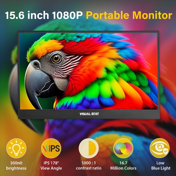 Bærbar Skærm, FHD 1080P Opløsning, IPS Panel,15,6 tommer 1080P