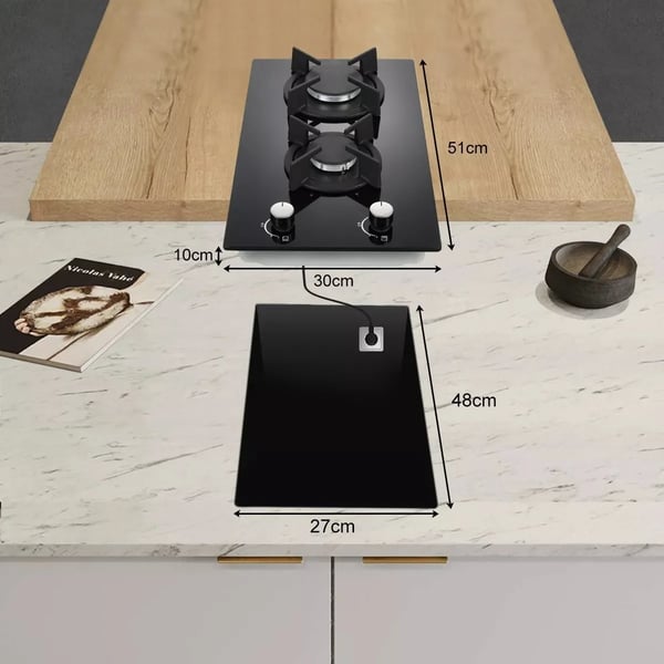2-brænder gasblus, dual brændstofkapacitet, nem at rengøre keramisk glas, europæisk design